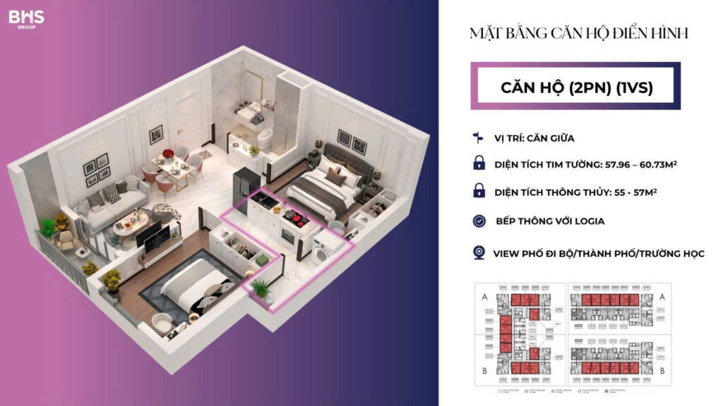 Mặt bằng - Layout căn hộ 2PN 58m2 Maison Grand - Tumys Homes Phú Mỹ